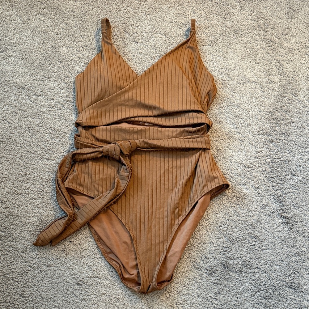 Aerie Brown One Piece Wrap Swimsuit - Size Large